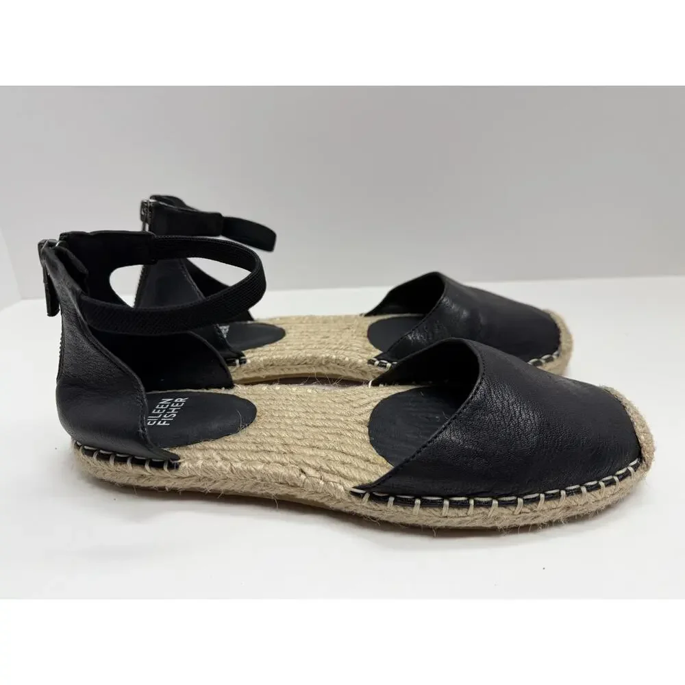 Eileen Fisher Lala Black Tumbled Leather Espadrille Flats Size 7.5 - Picture 2 of 7